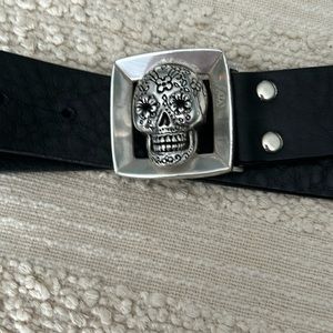 Black Leather Belt with Silver Sugar Skull Buckle